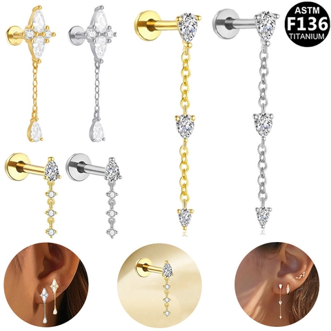 ASTM F136 Titanium Labret Piercing Zirconia Tassel Chain Ear Cartilage Stud Internally Threaded Lip Ring Body Jewelry