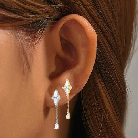 ASTM F136 Titanium Labret Piercing Zirconia Tassel Chain Ear Cartilage Stud Internally Threaded Lip Ring Body Jewelry