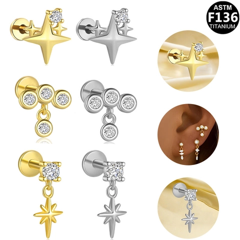 Pendientes de Botón de Estrella de Titanio ASTM F136 con Zirconia Labret Piercing Rosca Interna para Mujeres Hombres Unisex