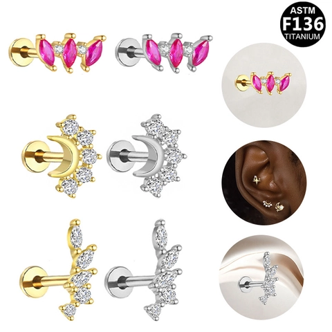ASTM F136 Titanium Internally Threaded Lip Stud Zirconia Marquise Leaf Crescent Moon Cartilage Earring For Women Men Body Jewelry