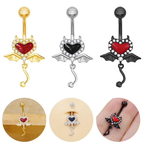 Gothic Devil Heart Belly Button Ring Zinc Alloy Bat Wings Rhinestone Navel Piercing Jewelry For Halloween Party Women Men