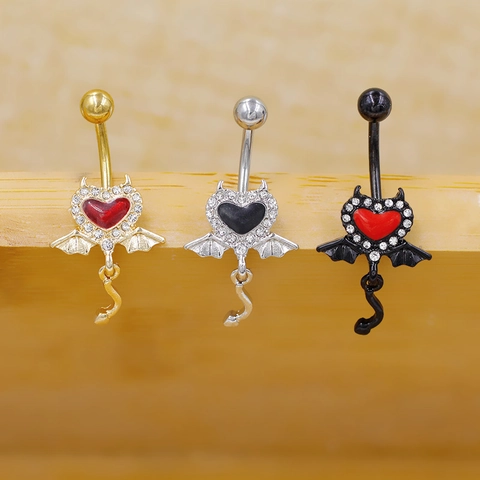 Gothic Devil Heart Belly Button Ring Zinc Alloy Bat Wings Rhinestone Navel Piercing Jewelry For Halloween Party Women Men