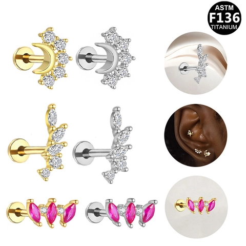 Piercing de Labio de Titanio ASTM F136 Rosca Interna Labret Joyería Zirconia Luna Hoja Estrella Pendiente Cartílago Para Mujer Hombre