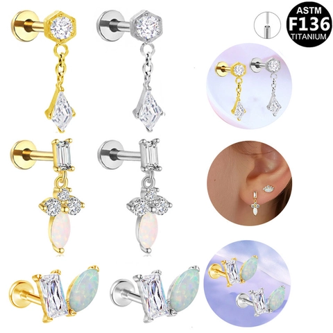 Pendientes de Labret de Titanio Para Mujer ASTM F136 Rosca Interna Zirconia Ópalo Hexágono Piercing Joyería