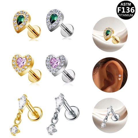 Orecchini Perno Labret in Lega di Titanio ASTM F136 Filettatura Interna Cuore Goccia Strass Gioielli Piercing Uomo Donna