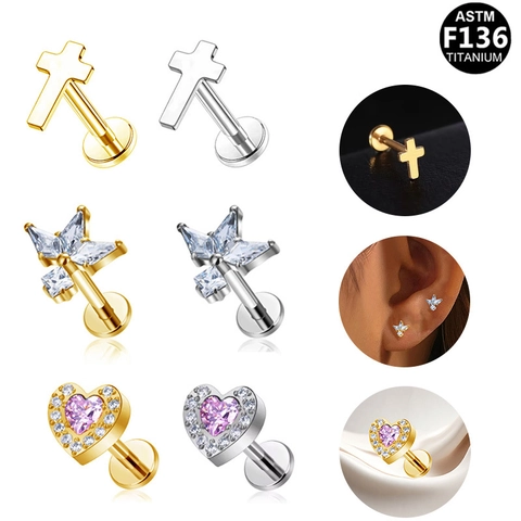 Pendientes de Botón Labret de Titanio ASTM F136 para Mujeres Hombres Corazón Cruz Estrella Strass Incrustado Oro Plata Joyería