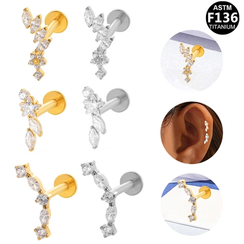 ASTM F136 Titanium Labret Piercing Stud Goud Zilver Intern Schroefdraad Zirconia Bloem Blad Gebogen Body Jewelry Voor Dames Heren