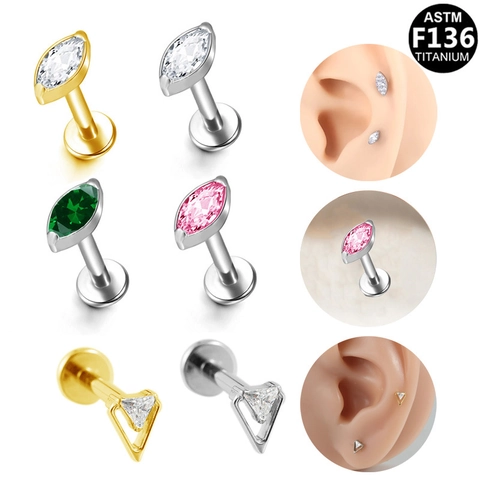 ASTM F136 Titanio Marquise Circonia Rosca Interna Labret Labio Anillo Triángulo Circonia Pendiente Piercing Joyería Para Unisex