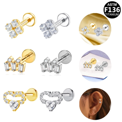 ASTM F136 G23 Titanium Alloy Labret Stud Earrings Internally Threaded Zirconia Heart Crown Square Cluster Ear Bone Jewelry