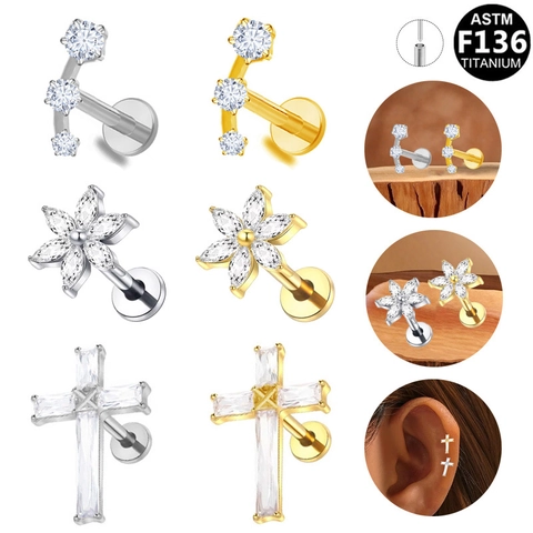 ASTM F136 Titan Zirkonia Kreuz Blume Bogen Labret Stecker Piercing Ohrringe Innengewinde Flacher Rücken Schmuck Unisex