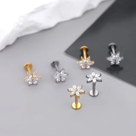 ASTM F136 Titan Zirkonia Kreuz Blume Bogen Labret Stecker Piercing Ohrringe Innengewinde Flacher Rücken Schmuck Unisex