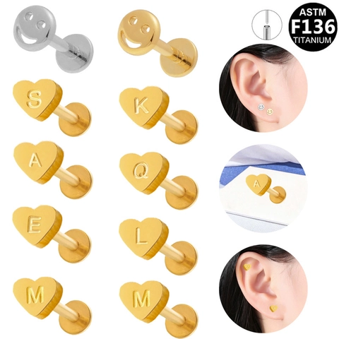 F136 Titanium Oorknopjes Hart Letter Lachend Gezicht Piercing Sieraden Kleine Labret Stud Voor Dames Heren Goud Minimalistisch