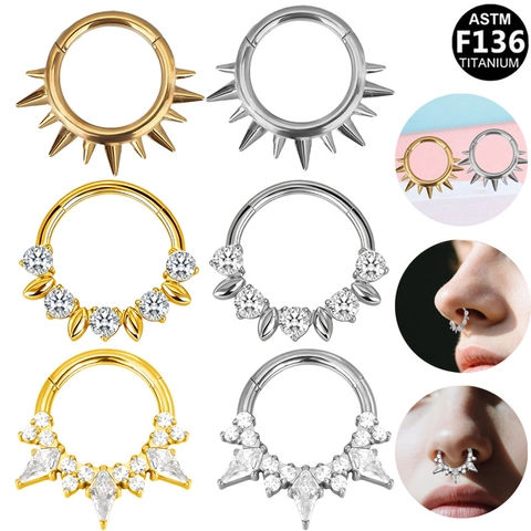 ASTM F136 Titanium Alloy Rhinestone Nose Ring Septum Clicker Segment Hoop Earrings For Women Men Body Piercing Jewelry