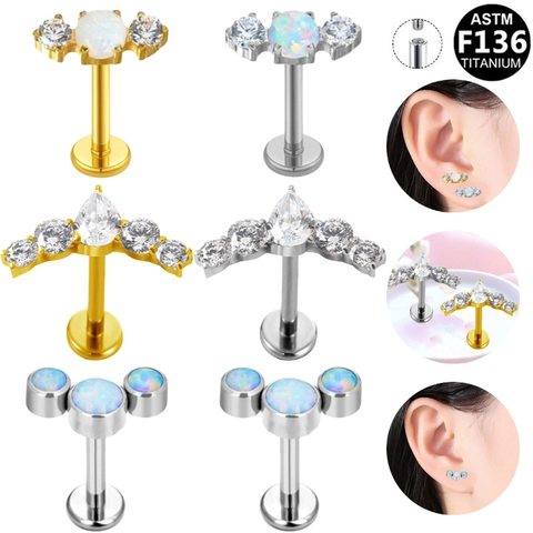 ASTM F136 Titanium Internal Thread Artificial Opal Labret Stud Earrings Piercing Jewelry Rhinestone Ear Bone Nail For Unisex