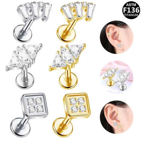 ASTM F136 Titanium Labret Stud Earring For Women Men Internally Threaded Lip Ring Cartilage Tragus Piercing Jewelry Gold Silver Rhinestone Inlaid Fan Wing Square Shape