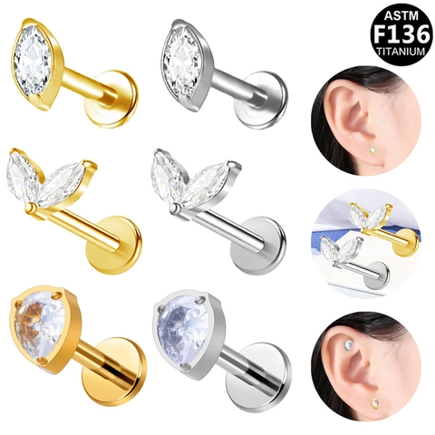 ASTM F136 Titanium Marquise Zirconia Labret Stud Earrings For Women Men Gold Silver Body Piercing Jewelry Heart Teardrop Leaf