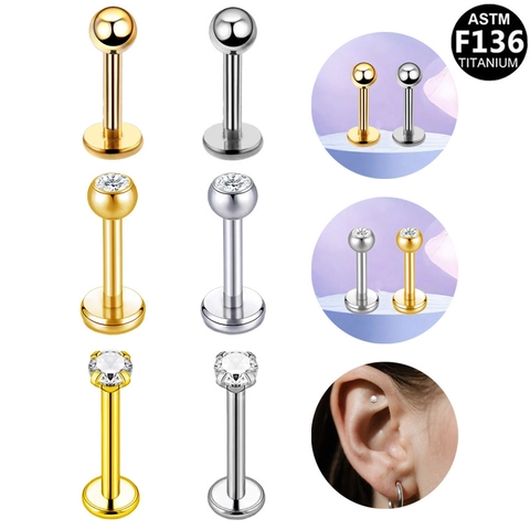 ASTM F136 Titanium Labret Stud Earring With Rhinestone Round Ball Piercing Jewelry For Women Men Gold Silver Piercing Stud