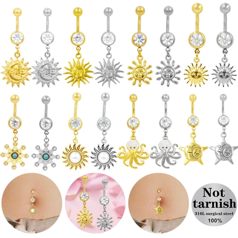 Anneau de Nombril en Acier Inoxydable 316L Motif Soleil Lune Poulpe Bijoux de Piercing Corporel Bohème avec Strass pour Femme