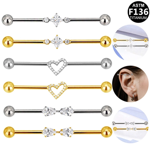 ASTM F136 Titanium Industriële Barbell Strass Hart Vierkant Peer Ingelegde Oorpiercing Sieraden Goud Zilver Lichaam