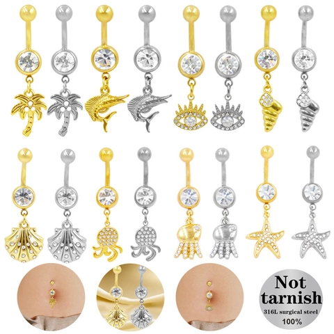 Stainless Steel Belly Ring 316L Surgical Steel Zirconia Marine Coconut Tree Starfish Conch Pendant Piercing Jewelry Women