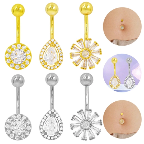 Piercing de Ombligo de Cobre y Zirconia para Mujer Chapado en Oro Plata Forma de Gota Flor Redondo Joyería Corporal