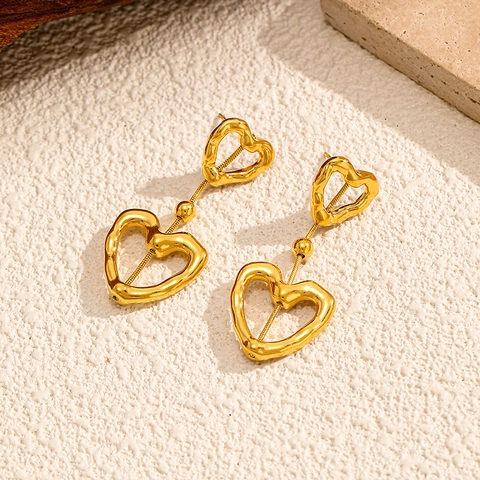 Light Luxury Edelstahl Doppel Herz Ohrhänger Für Damen Elegant Gold Geschmolzene Textur Hohl Herz Dangle Ohrringe