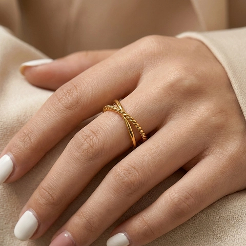 Minimalist 316L Stainless Steel Open Ring For Women 18K Gold Plated Double Layer Twisted Rope Cross Adjustable Finger Ring