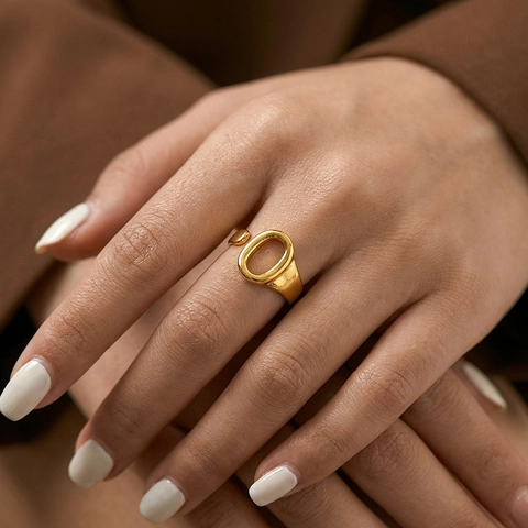 Bague Ouverte Minimaliste en Acier Inoxydable 316L pour Femme Plaquée Or PVD Ovale Creuse Géométrique Ajustable Mode