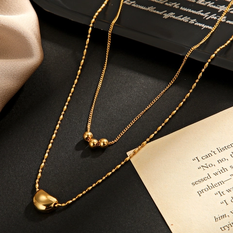 Double Layer Moon Pendant Necklace For Women 18K Gold Plated Stainless Steel Beads Dainty Fine Jewelry Commuter Choker