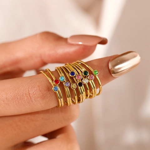 Minimalist Gold Plated Stainless Steel Birthstone Ring Women Fashion Colorful Zirconia Stackable Thin Finger Ring Jewelry