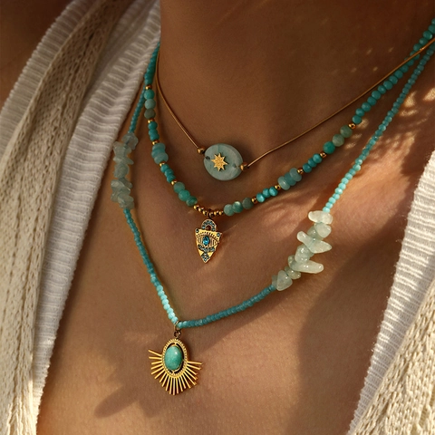 Bohemian 304 Stainless Steel Evil Eye Sunburst Pendant Necklace For Women Layered Vintage Stone Beaded Clavicle Chain Jewelry