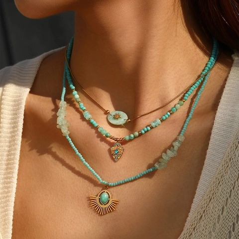 Bohemian 304 Stainless Steel Evil Eye Sunburst Pendant Necklace For Women Layered Vintage Stone Beaded Clavicle Chain Jewelry