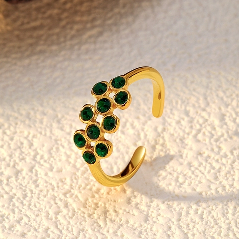 Vintage Edelstahl Offener Verstellbarer Ring Lava-Textur Quadratischer Grüner Edelstein Cluster-Steine X-Kreuz Strass Vergoldeter Schmuck