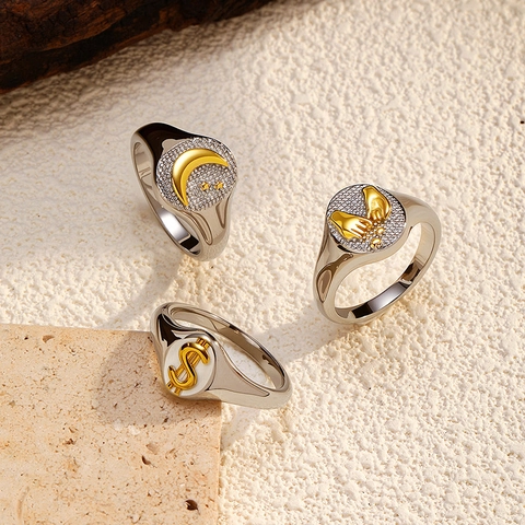 Stainless Steel Signet Ring For Women Men 18K Gold Plated Vintage Star Moon Money Symbol Finger Ring Punk Jewelry Gift