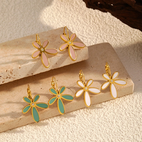 Boucles d'oreilles en Pétale de Fleur en Acier Inoxydable Vintage Bracelets en Émail Strass Bagues Ouvertes Bijoux Femme Accessoires