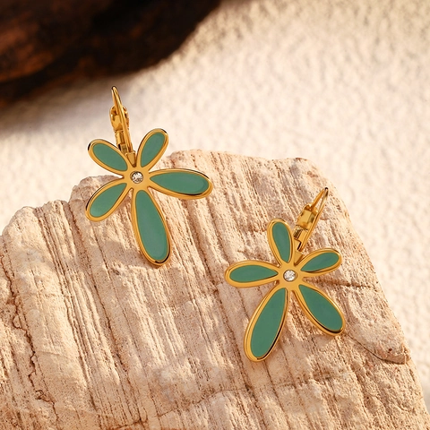 Boucles d'oreilles en Pétale de Fleur en Acier Inoxydable Vintage Bracelets en Émail Strass Bagues Ouvertes Bijoux Femme Accessoires