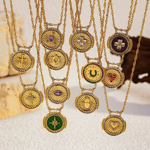 Collier Pendentif Pièce de Monnaie en Acier Inoxydable Vintage pour Femmes Plaqué Or Strass Cœur Croix Oeil de Hamsa Bijoux