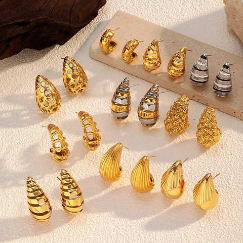 Pendientes Modernos de Acero Inoxidable en Forma de Gota de Agua para Mujer Chapados en Oro de 18K Pendientes de Botón Geométricos Huecos