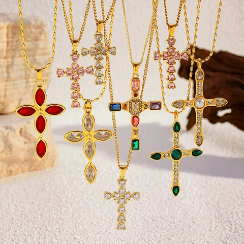 Vintage Stainless Steel Cross Pendant Necklace For Women Gold Silver Rhinestone Artificial Pearl Religious Jewelry Gift