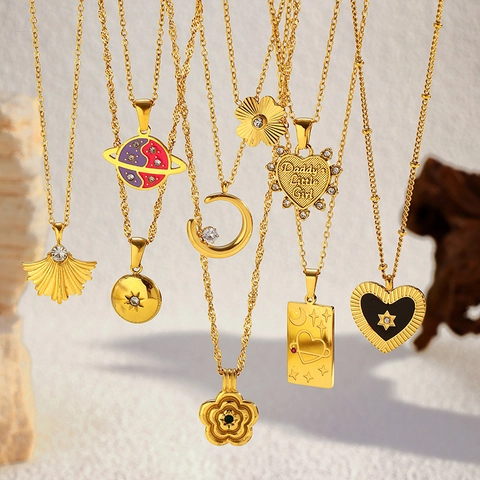 Women Fashion Stainless Steel Rhinestone Pendant Necklace Gold PVD Plated Heart Moon Star Planet Flower Jewelry Necklace