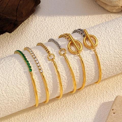 Stainless Steel Bangle Bracelet Gold Plated Zirconia Green Gemstone OT Buckle Two Tone Retro Luxury Hand Jewelry For Women