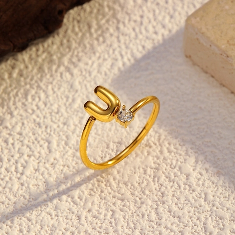 Fashion Stainless Steel Initial Letter Open Ring For Women Personalized Gold Plated Rhinestone Adjustable Jewelry Finger Ring Gift
