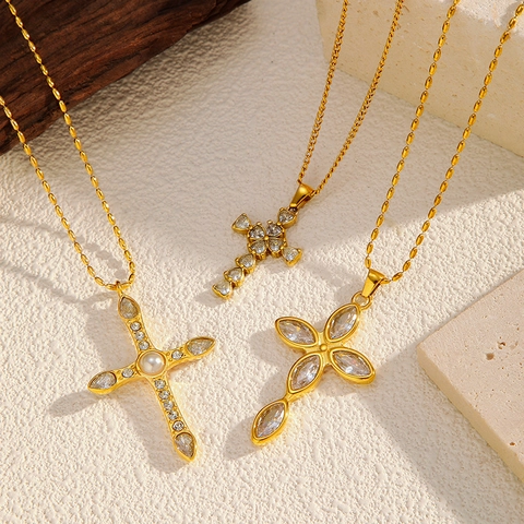 Vintage Edelstahl Kreuz Anhänger Halskette Für Damen Vergoldet Strass Künstliche Perle Christlicher Schmuck Geschenk