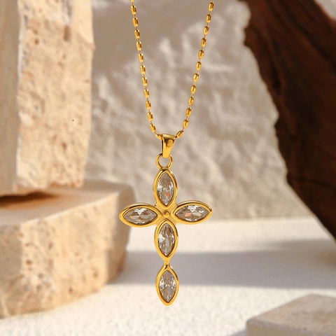 Vintage Edelstahl Kreuz Anhänger Halskette Für Damen Vergoldet Strass Künstliche Perle Christlicher Schmuck Geschenk