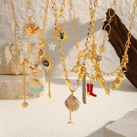 Collier Pendentif Bohème en Acier Inoxydable Plaqué Or Coquillage Étoile de Mer Soleil Lune pour Femme Bijoux de Luxe