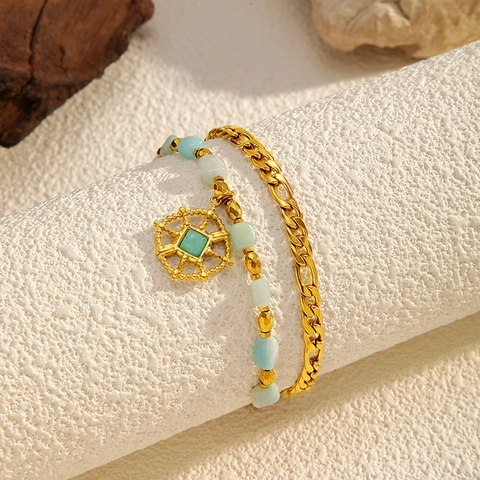 Bohemian Stainless Steel Double Layered Bracelet For Women Gold Plated Natural Stone Beaded Evil Eye Sun Charm Jewelry