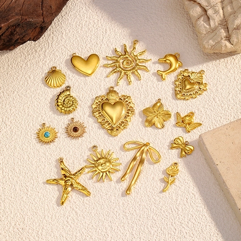 18K Gold Plated Stainless Steel Pendants DIY Necklace Chain Jewelry Making Supplies Heart Sun Starfish Charms Accessories