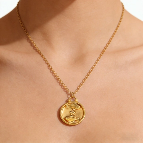 Luxury 304 Stainless Steel Twelve Zodiac Constellation Round Coin Pendant Necklace For Women Men Gold Plated Horoscope Jewelry Gift