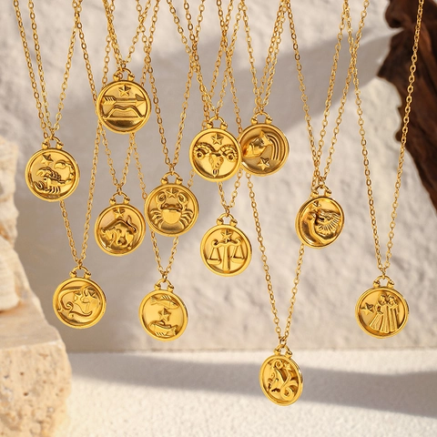Luxury 304 Stainless Steel Twelve Zodiac Constellation Round Coin Pendant Necklace For Women Men Gold Plated Horoscope Jewelry Gift