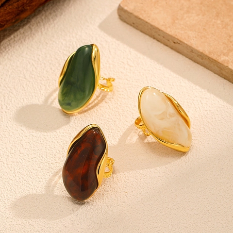Vintage Gold Plated Stainless Steel Open Ring For Women Geometric Resin Stone Statement Ring Adjustable Niche Jewelry
